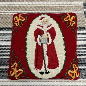 Santa Needlepoint Throw Pillow Santa Christmas Holiday Red